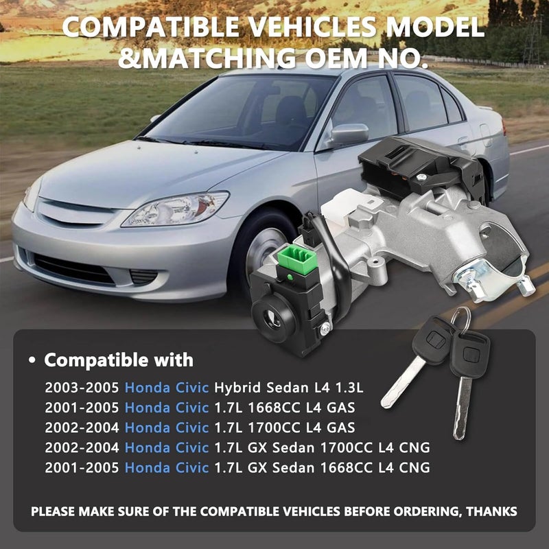 RAMATA Ignition Switch Lock Cylinder with Key (with Blank Chip) Compatible with 2003 2004 2005 Honda Civic 1.3L, 2001 2002 2003 2004 2005 Honda Civic 1.7L - Image 2